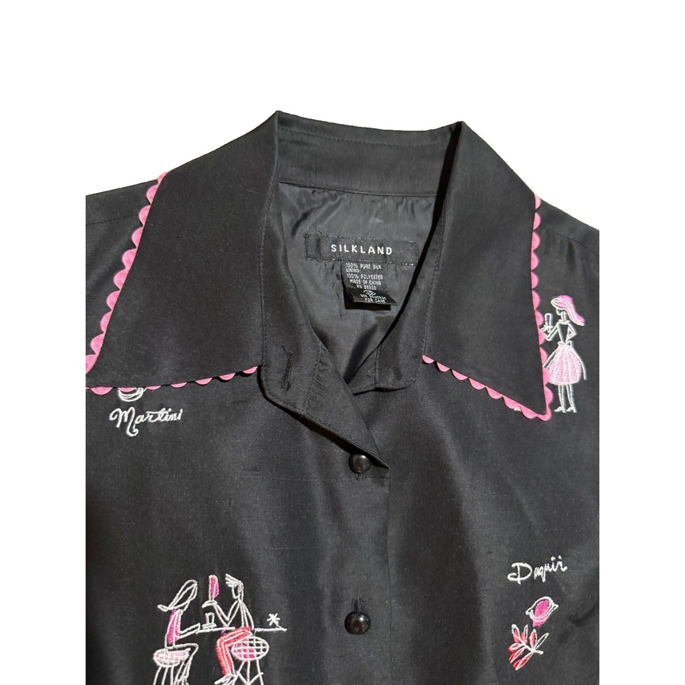Silkland Black DRINKS Embroidered 100% Silk Top 10 Martini Daiquiri Sleeveless - Picture 3 of 4